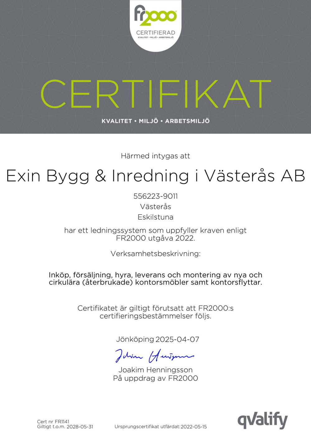 FR2000-certifikat FR1141 för Exin Bygg & Inredning i Västerås AB