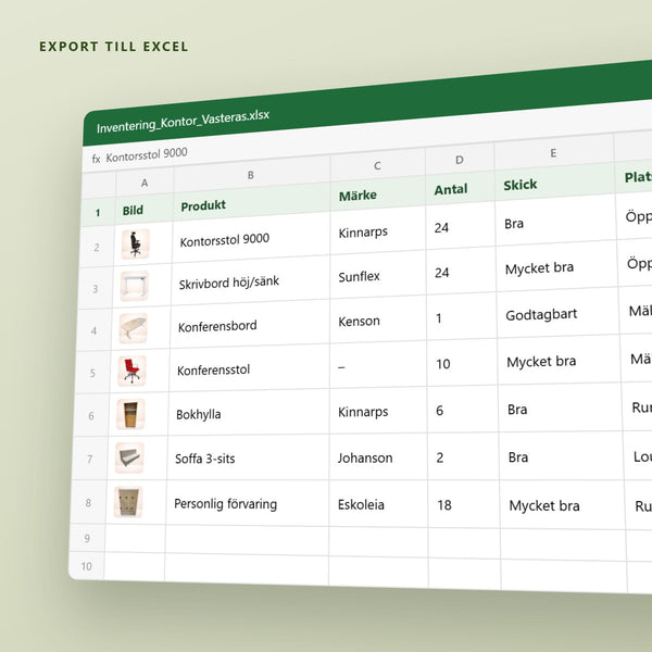 Inventeringslista exporterad till Excel